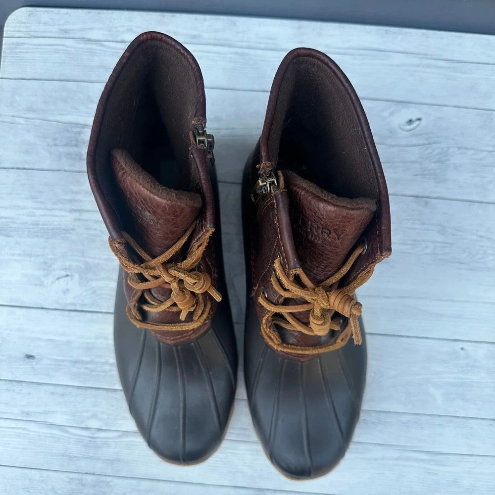 Sperry Women's Saltwater Duck Boots Brown Leather Black Waterproof Size 7